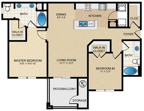 Two Bedrooms & Two Bathrooms. Bedrooms offer Walk-In-Closets. Open Floor Plan with Kitchen Island, Living Room and Dining Room. Private Patio with Storage Closet. at Mission Hills Apartments, San Anto